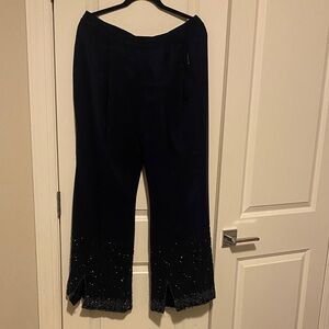 Chic Women's Navy Wide Leg Pants with Embellished Hem